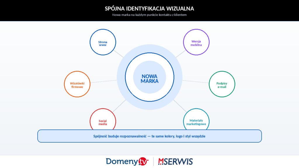 Wizualizacja spójnej identyfikacji wizualnej firmy po rebrandingu — nowe logo i kolorystyka zaprezentowane jednocześnie na ekranie laptopa ze stroną internetową, smartfonie z wersją mobilną, wizytówce firmowej oraz profilu w mediach społecznościowych.