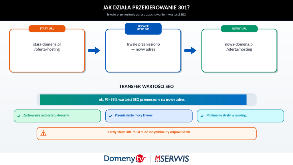 Diagram techniczny pokazujący mechanizm przekierowania 301: przeglądarka wysyła żądanie na stary adres URL, serwer odpowiada kodem HTTP 301, a przeglądarka automatycznie przenosi użytkownika na nowy adres URL w nowej domenie, zachowując wartość SEO starego adresu.