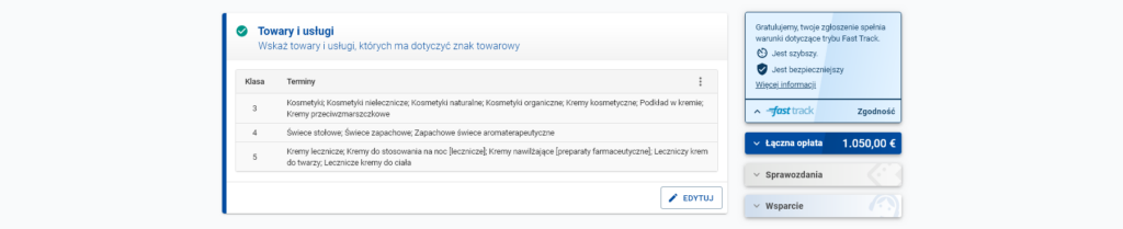 Rys. 5 Wybór klasy chronionych towarów na przykładzie marki kosmetyków i świec zapachowych