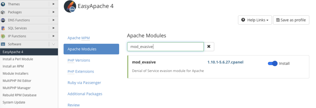 Włączenie Mod Evasive cPanel