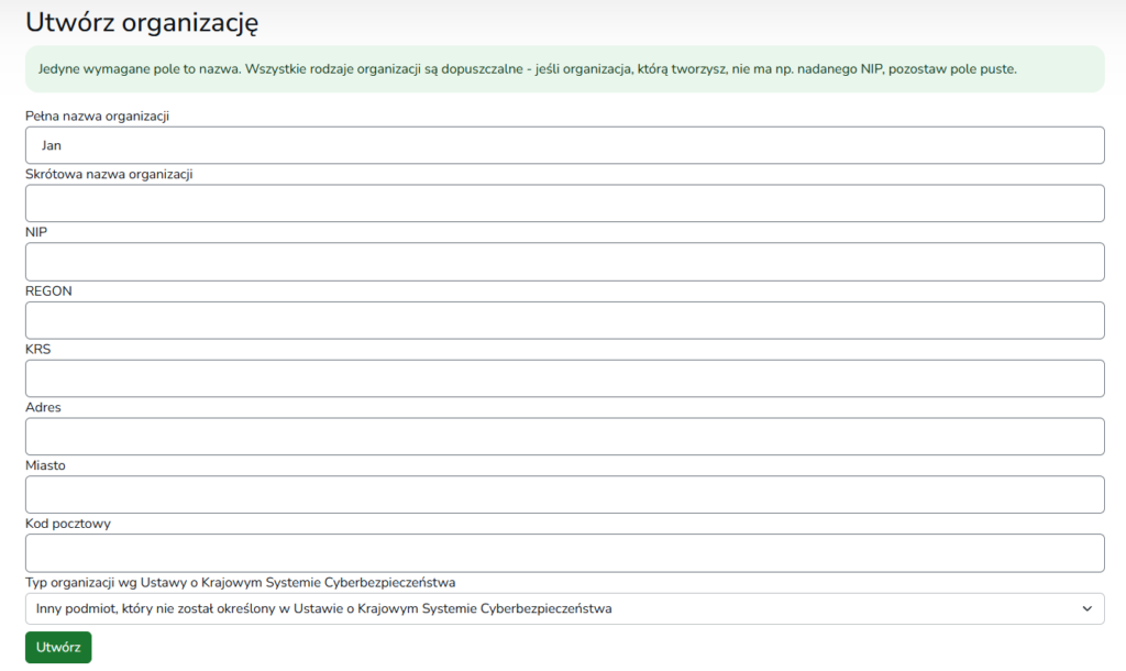 moje.cert.pl utworz organizacje