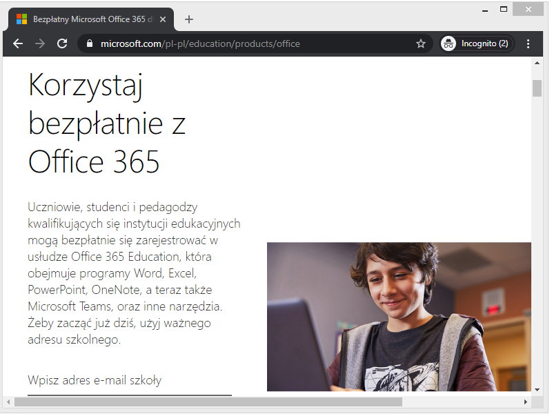 Strona bezpłatnej rejestracji Office 365 dla edukacji 